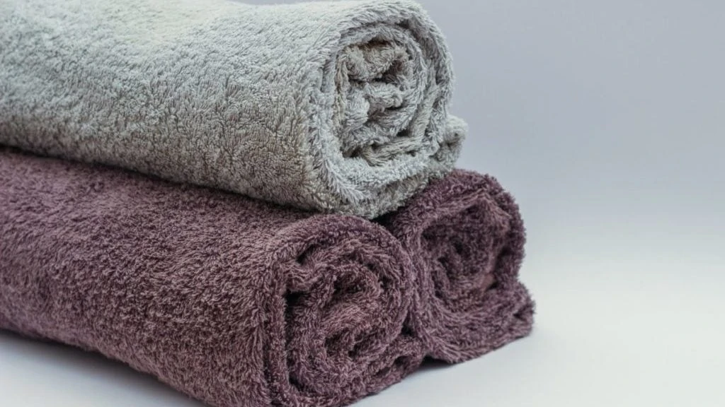 Drie opgerolde handdoeken, grijs en [aars
