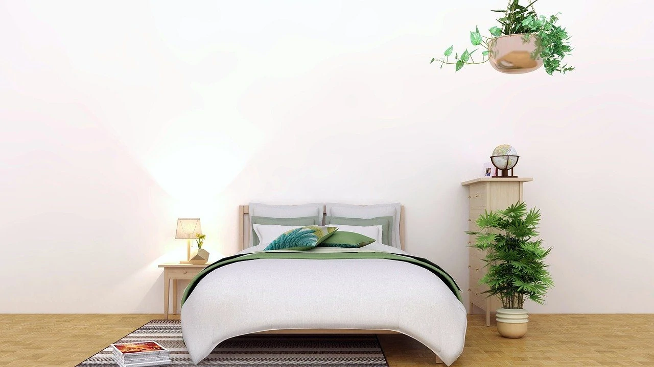 Slaapkamer met twee planten, houten vloer en witte muur. Vooraanzicht