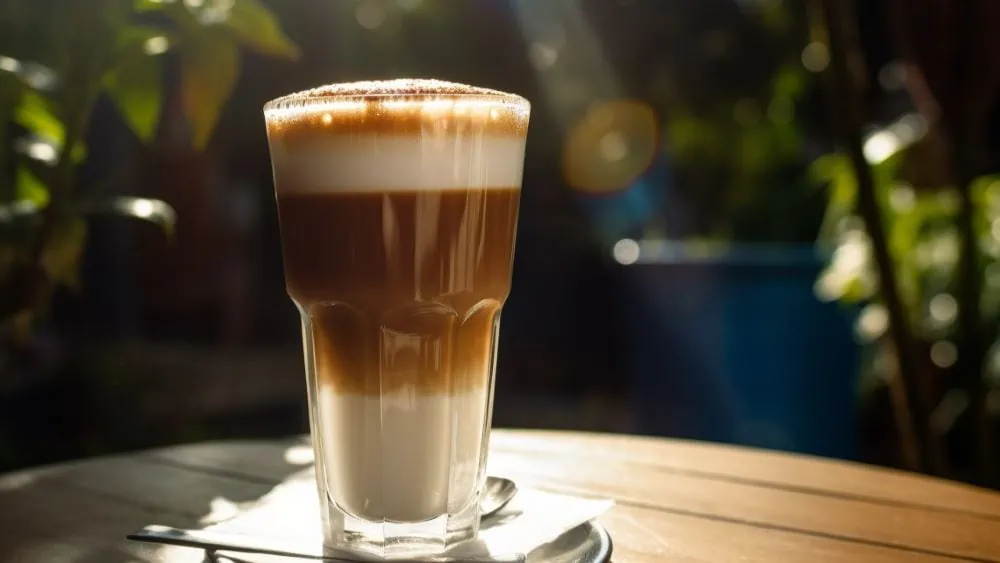 een latte op een houten tafel in een tuin