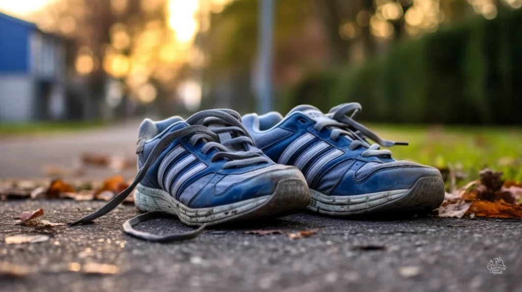 sportschoenen op straat met herfstblaadjes