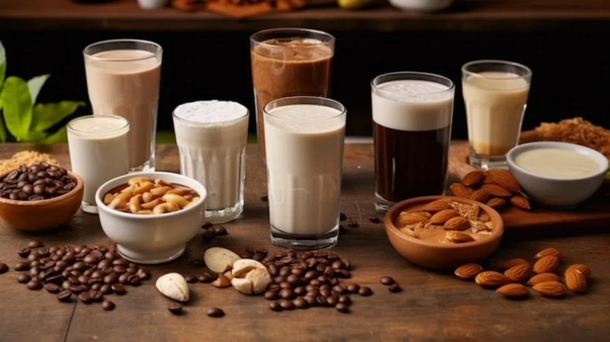 Verschillende glazen koffies met verschillende soorten melk op tafel naast schaaltjes koffiebonen en amandelen.  