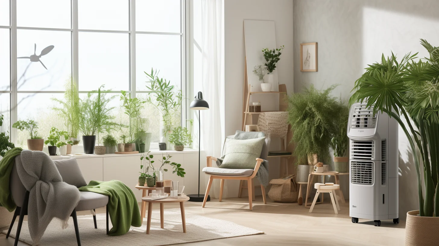 Aircooler in moderne woonkamer, omringd door veel planten
