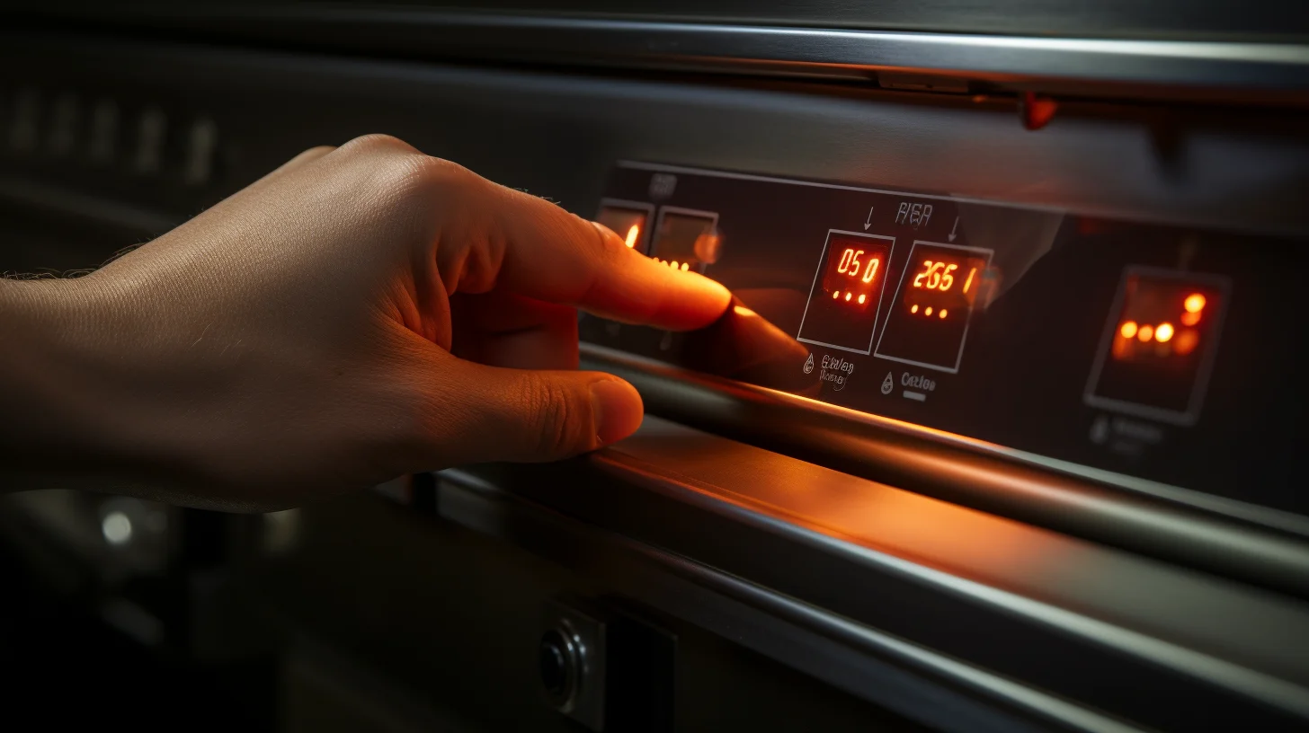 een hand drukt op een knop bij een oven