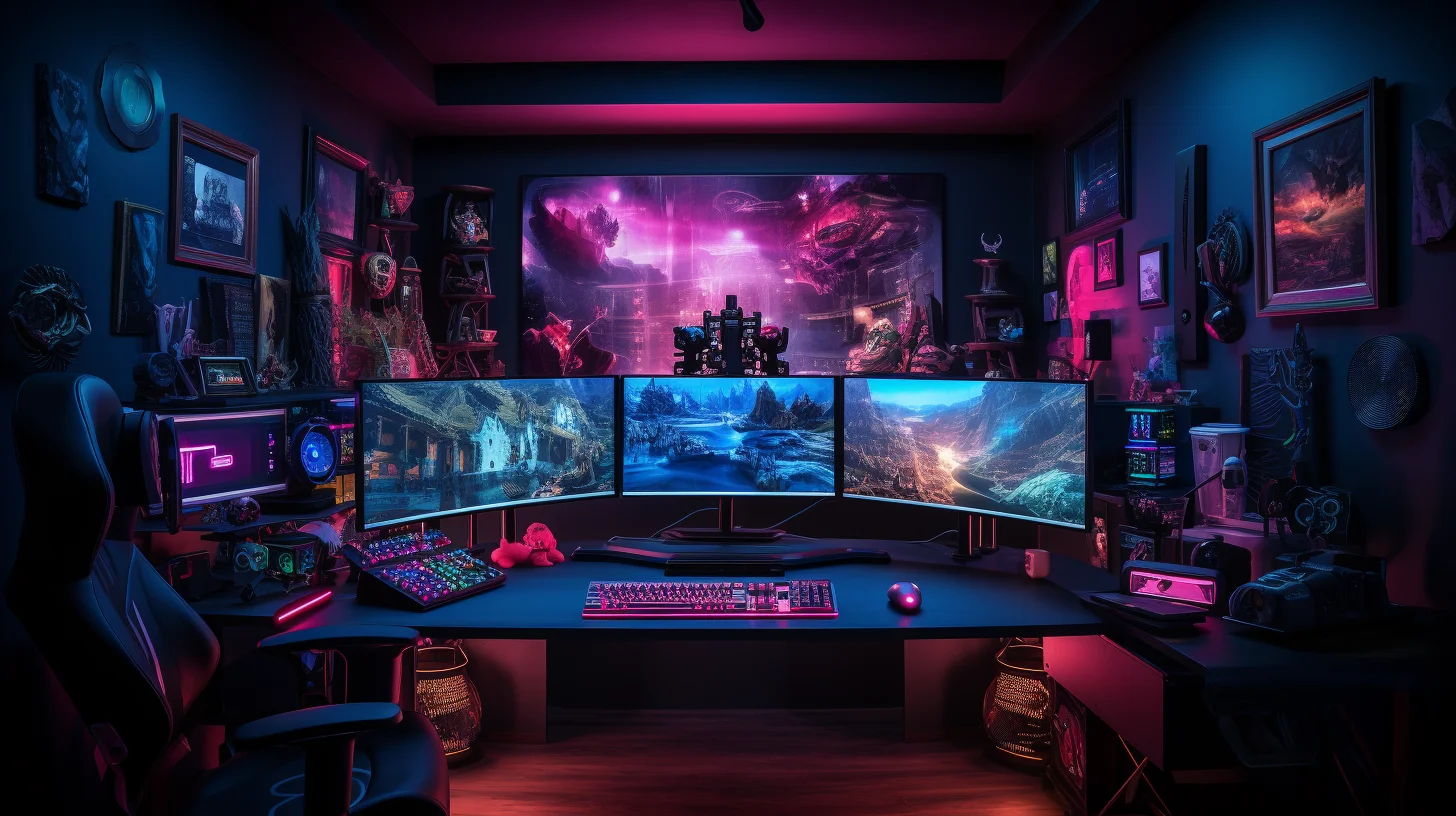 gaming set-up met drie beeldschermen in een kamer met veel posters en dergelijken aan de muur