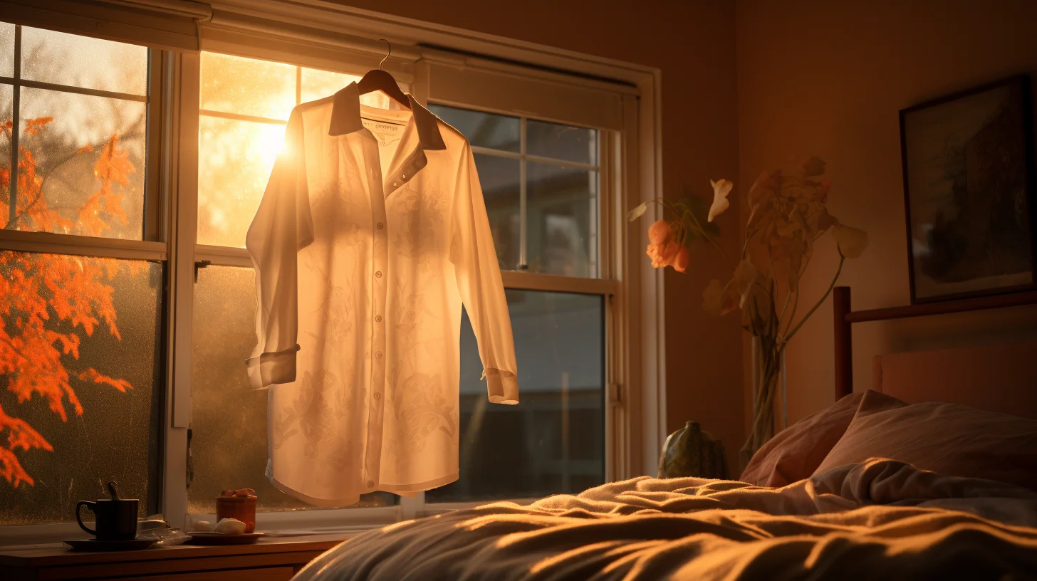 blouse hangt te drogen voor een slaapkamerraam waar de avondzon naarbinnen schijnt
