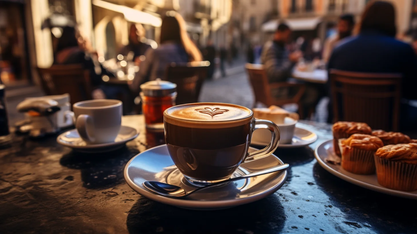 Een kop koffie op een terrastafel