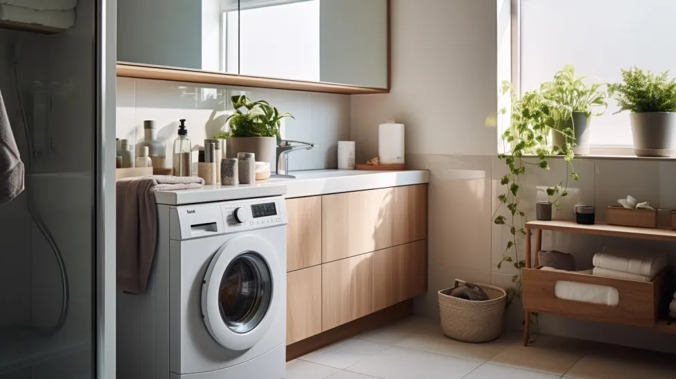 Moderne badkamer met een wasmachine naast een inloopdouche, verfraaid met sfeervolle groene planten.