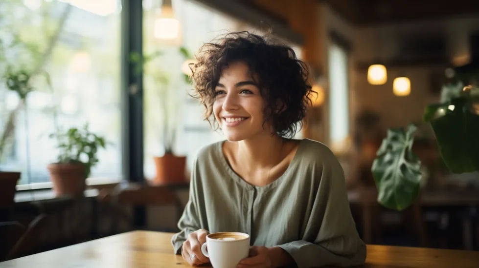 Vrouw die lacht met een kopje koffie in haar handen. 