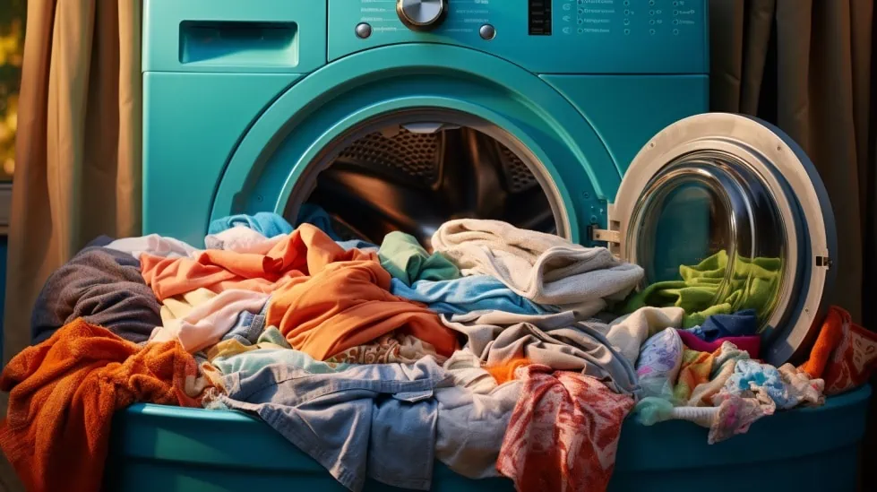 Een open wasmachine met een wasmand vol kleding ervoor.