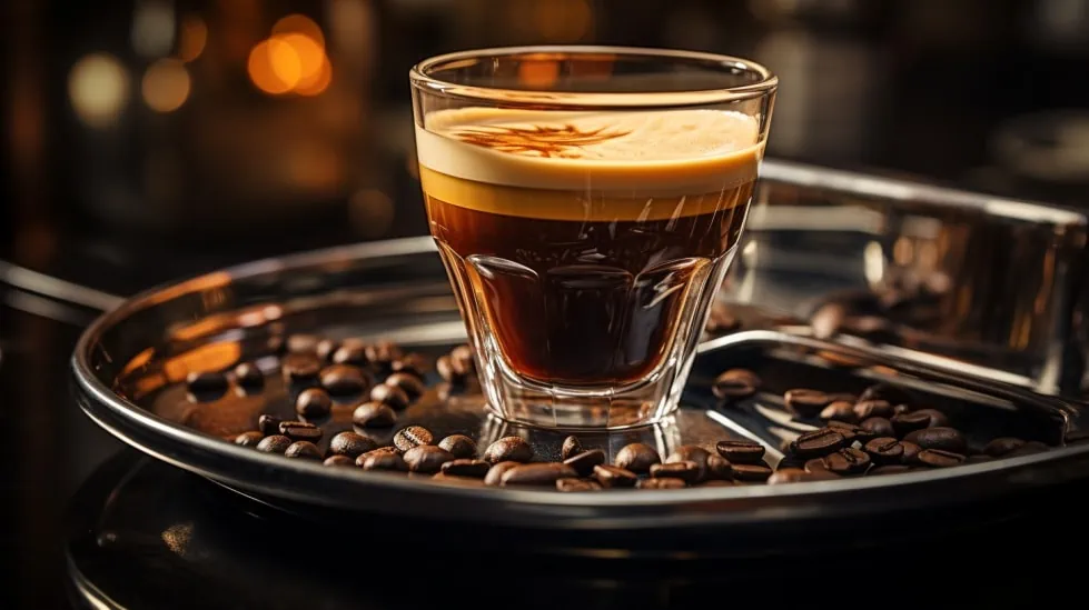 Kopje koffie met een schuimlaag op een bordje met een aantal koffiebonen. 