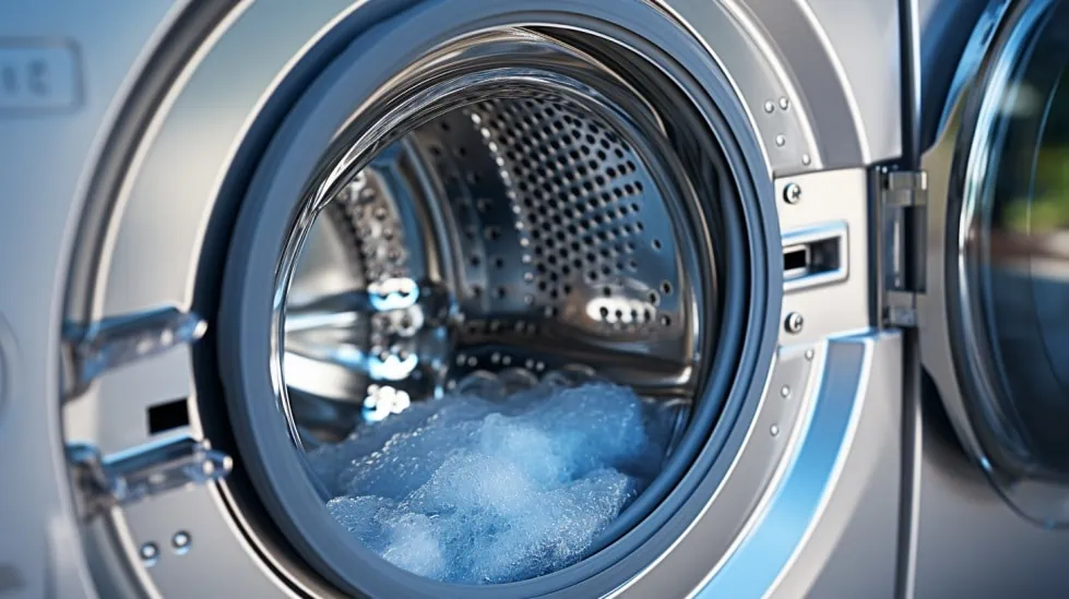 Close-up van een open wasmachine met schuim en zeepresten in de trommel. 