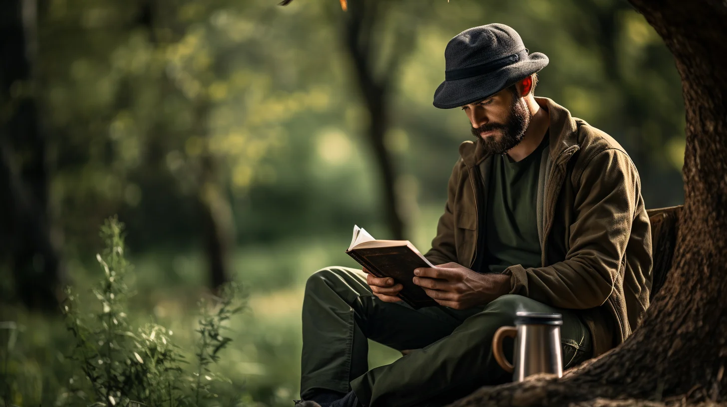 Man leest boek onder een boom, met naast hem een thermoskan met koffie, vooraanzicht